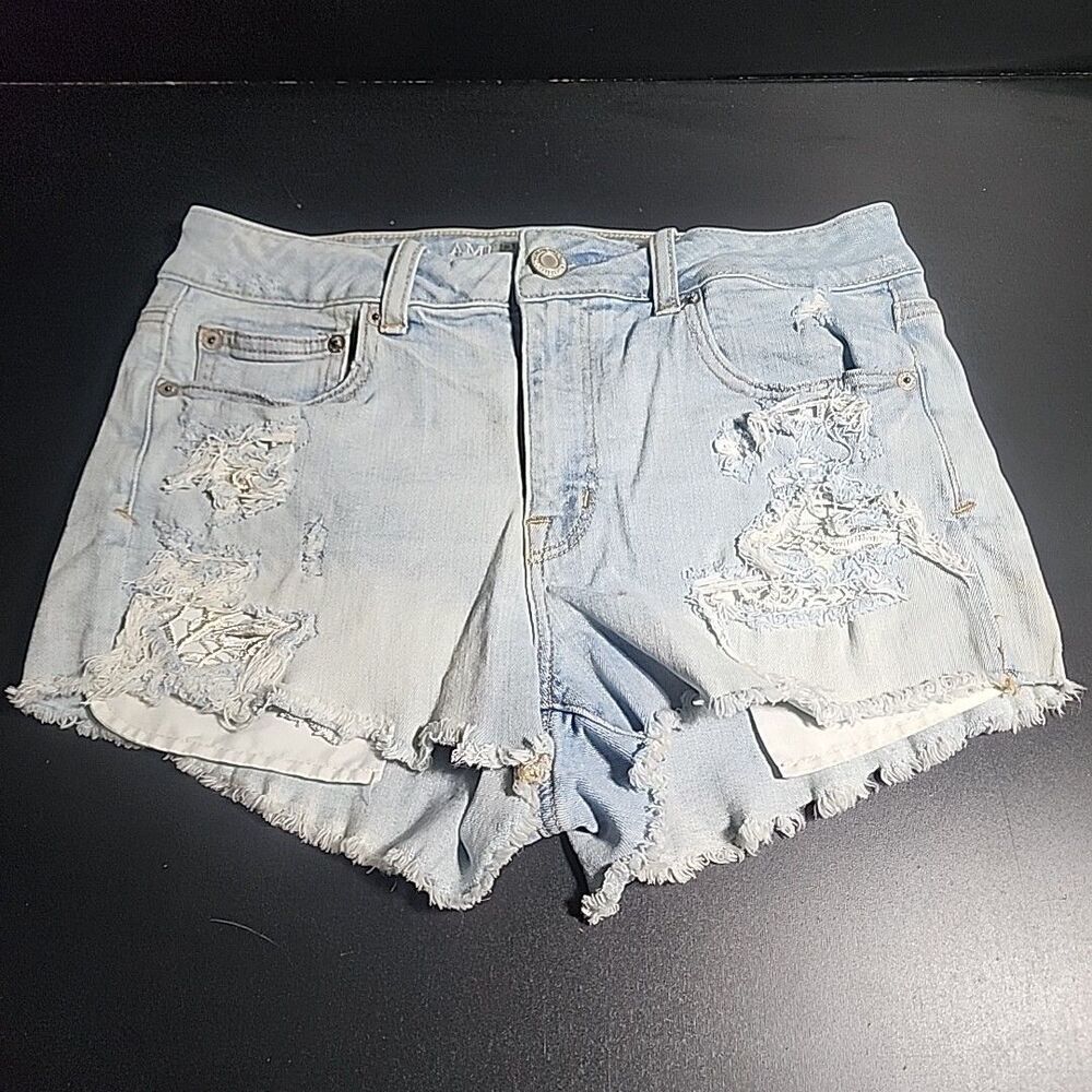 American Eagle Hi-Rise Shorty sz 10 light blue stretch denim , lace shorts